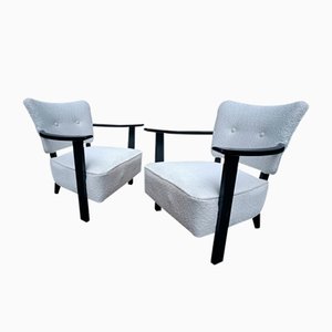 Armchairs in Ebonized Wood and White Fabric, 1950s, Set of 2