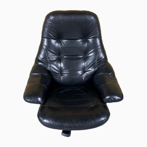 Scandinavian Black Leather Swivel Chair, 1970s