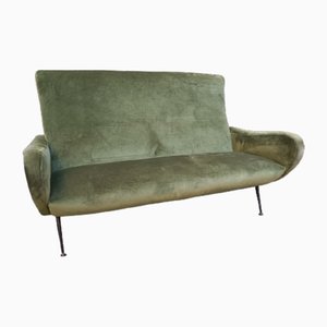 Canapé avec Pieds en Fer et Laiton & Tissu Vert dans le Style Marco Zanuso, 1950s