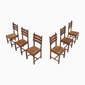 Brutalist Dining Chairs in Oak and Wicker, Set of 6