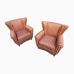 Armchairs with Saber-Shaped Wooden Legs and Red & White Striped Fabric by Paolo Buffa, 1950s, Set of 2
