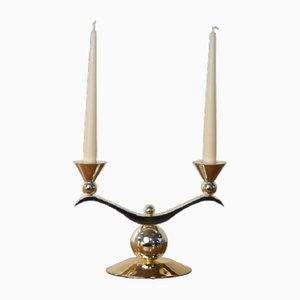 Art Deco Double-Armed Candleholder in Silver Metal, 1970s