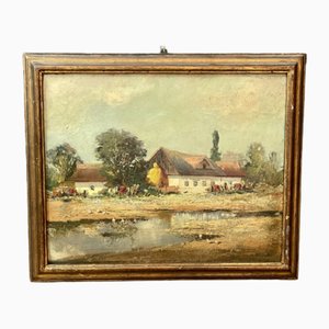 Rustic Landscape, 1890s, Oil on Cardboard, Framed