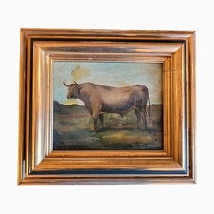 English Artist, Bull, 19th Century, Oil on Wood, Framed