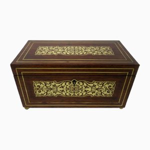 Antique English Regency Brass Inlaid Double Tea Caddy Box in Mahogany, 1800s