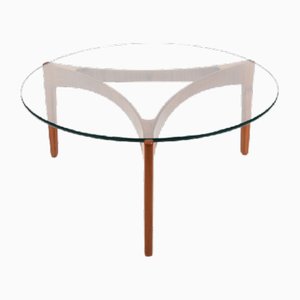 Round Three-Leg Table in Teak with Glass Top by Sven Ellekaer for Christian Linneberg, 1960s