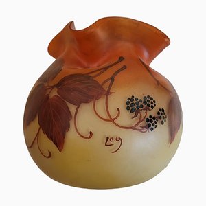 Hand-Painted Vase with Leaves and Black Berries from Legrass, France, 1900s