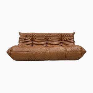 Französisches Vintage Togo Sofa aus braunem Leder von Michel Ducaroy für Ligne Roset