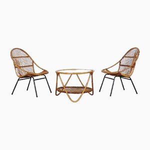 Rattan Sessel und Couchtisch von Alan Fuchs für Krásná Jizba, 1960er, 3er Set