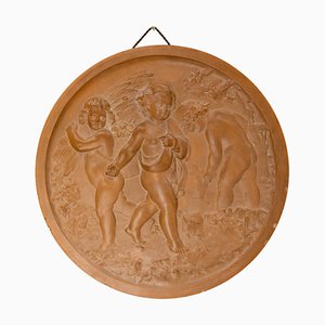 Plaque Murale Sculpture Médaillon Trois Putti en Scènes Agricoles, 1920s