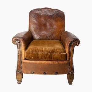 Antique Art Nouveau Leather and Studs Club Armchair, French