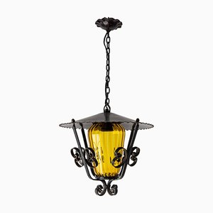 French Wrought Iron and Colored Glass Ceiling Lamp, 1970s