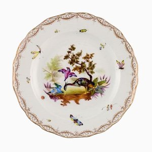Assiette Antique en Porcelaine de Meissen avec Oiseaux et Insectes Peints à la Main