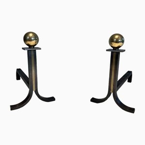Modern Steel Chenets in Brass and Wrought Iron in the style of Jacques Adnet, 1970s, Set of 2