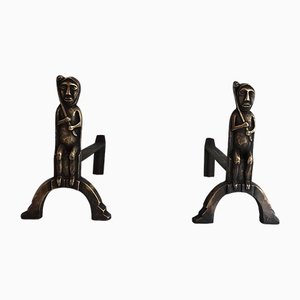 Bronze Chenets with Seated Shamans, 1930s, Set of 2