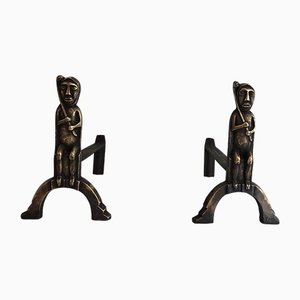 Chenets en Bronze avec Chamans Assis, 1930s, Set de 2