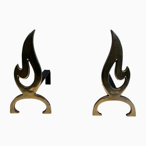 Fiamme Chenets in ottone, anni '70, set di 2