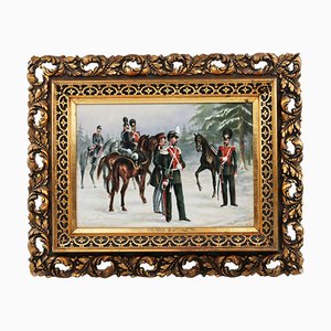 Soldiers and Officers of the Dragoon Regiment, Painting on Porcelain, Framed