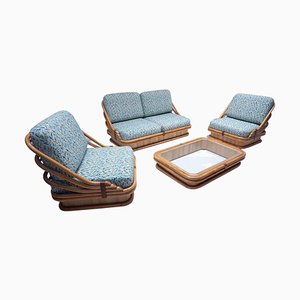 Mid-Century Modern Rattan Wohnzimmer Sofas, Sessel und Couchtisch, 3er Set