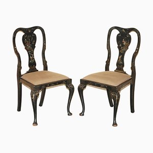 Antique Chinese Black Lacquered Side Chairs, Set of 2
