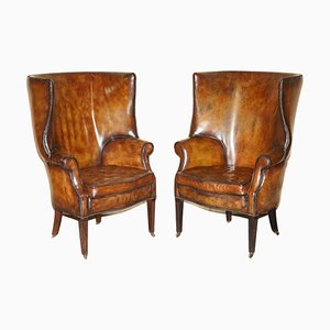 Antique Victorian Chippendale Wingback Armchairs in Brown Leather, 1860, Set of 2