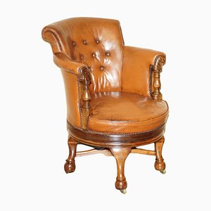 Antique Chesterfield Captains Chair in Cigar Brown Leather, 1860