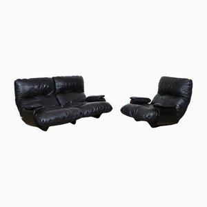 Black Leather Marsala Sofa and Lounge Chair by Michel Ducaroy, 1970s, Set of 2