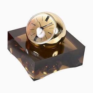 Horloge Sphère Dorée 8 Jours avec Socle en Verre Acrylique Fumé de Swiza, 1970s