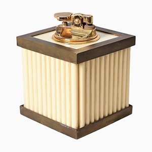 Mid-Century Italian Acrylic Glass and Brass White Cream Table Lighter from Tommaso Barbi, 1970s