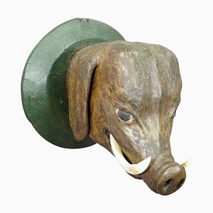 Wooden Carved Wild Boar Head, Germany, 1920s