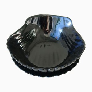 Vintage Murano Black Clam Bowl with Saucer, Set of 2