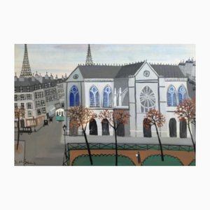 Armand Marie Guerin, Eglise et la Tour Eiffel, Paris, 20th Century, Oil on Wood