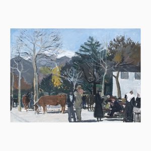 Adrien Holy, Market Scene, 1955, Oil on Cardboard, Framed