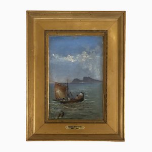 Eugenio Bonivento, Pêcheurs dans Le Golf de Naples devant L'île de Capri, Oil on Cardboard, Framed