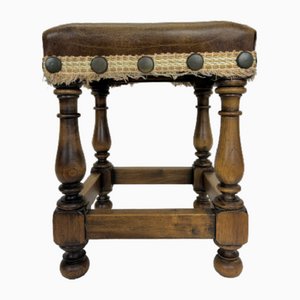 Mid-Century Oak and Leather Stool in Spanish Style, 1970s