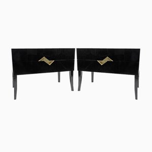 Bedside Tables in Black Marquetry with Casted Brass Handles by Ginger Brown, Set of 2