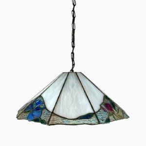 Lámpara de techo estilo Tiffany vintage de vitral y latón, años 80