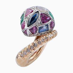 14 Karat Rose Gold and Silver Snake Ring with Emeralds, Rubies, Sapphires and Diamonds