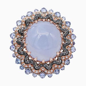 18 Karat White and Rose Gold Ring with Chalcedony and Diamonds, 1970s