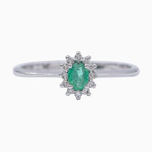 Modern 18 Karat White Gold Ring with Emerald and Diamonds