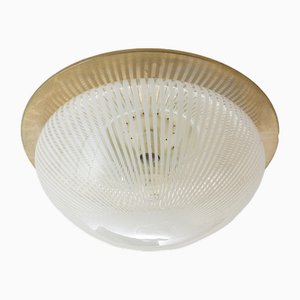 Vintage Italian Ceiling Lamp with Murano Glass Swirl Shade and Brass Base, 1960s