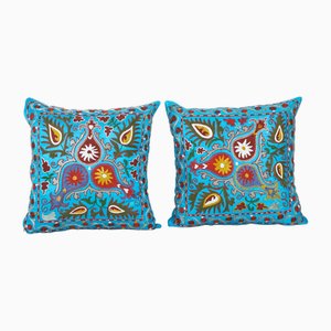 Baby Blue Suzani Silk Cushion Covers, 2010s, Set of 2