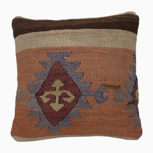 Vintage Turkish Geometrical Chestnut Kilim Cushion Cover, 2010s