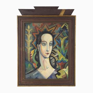 Franz Sedivy, Portrait de Femme Moderniste, 1930s, Huile sur Panneau, Encadrée