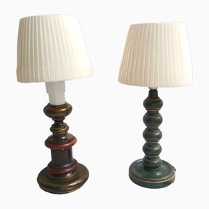 Portuguese Wooden and Metallic Bedside Table Lamps, 1980s, Set of 2
