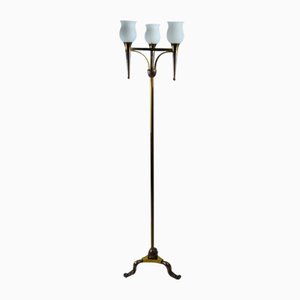 French Floor Lamp with Three Lights in Bronze and Brass, 1950s