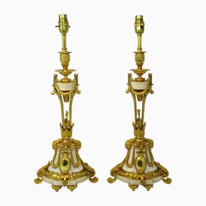 Antique French Regency Table Lamps in Gilt Bronze and Cream Marble, Set of 2