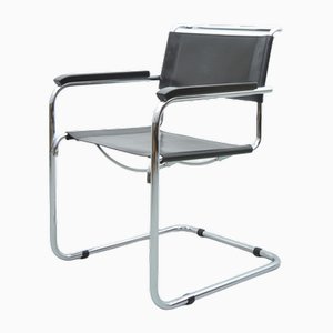 Black Leather S34 Chair in Chrome by Mart Stam for Thonet