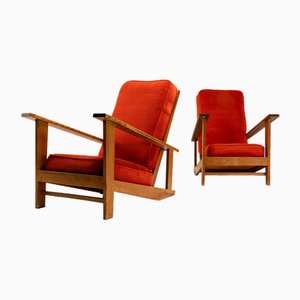 Dutch Beech and Vermillion Upholstery Lounge Chairs attributed to Groenekan 1950s, Set of 2