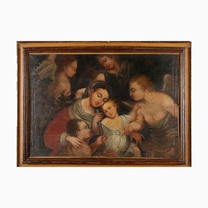 Venetian School Artist, Mary, Jesus, St. John and Angels, 17th Century, Oil on Canvas, Framed